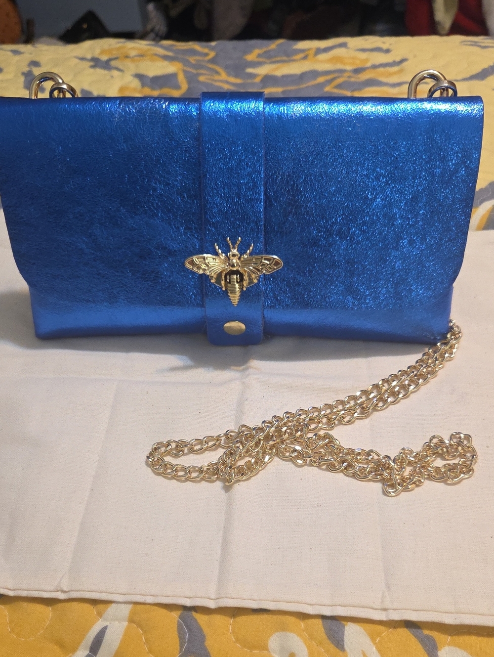 Metallic Blue Bee Accent Crossbody Bag/Italian Leather